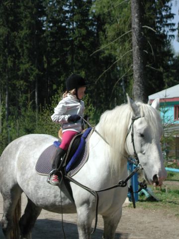 В седле.
